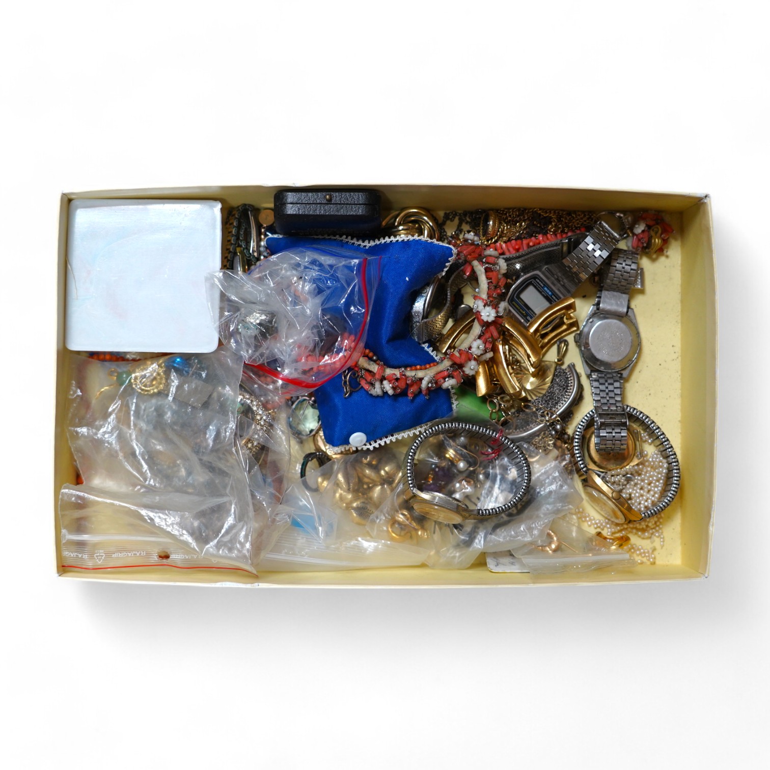 A quantity of assorted costume jewellery and wrist watches. Condition - poor to fair